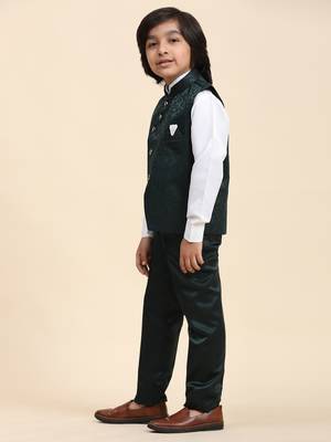 Dark Green Embellished Cotton 3 Piece Suit Set for Boys Party, Wedding Outfits 4