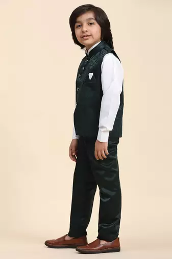 Dark Green Embellished Cotton 3 Piece Suit Set for Boys Party, Wedding Outfits