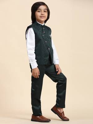 Dark Green Embellished Cotton 3 Piece Suit Set for Boys Party, Wedding Outfits 5