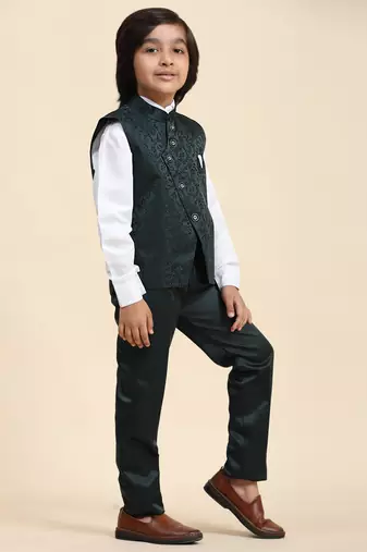 Dark Green Embellished Cotton 3 Piece Suit Set for Boys Party, Wedding Outfits