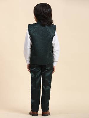 Dark Green Embellished Cotton 3 Piece Suit Set for Boys Party, Wedding Outfits 6