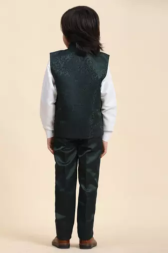Dark Green Embellished Cotton 3 Piece Suit Set for Boys Party, Wedding Outfits