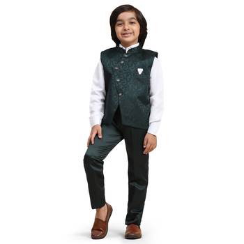 Dark Green Embellished Cotton 3 Piece Suit Set for Boys Party, Wedding Outfits 10