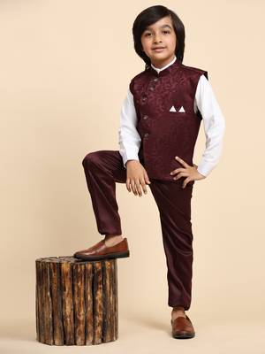 Maroon Embellished Cotton 3 Piece Suit Set for Boys Party,Wedding Outfits 1