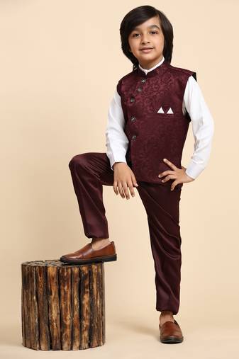 Maroon Embellished Cotton 3 Piece Suit Set for Boys Party,Wedding Outfits
