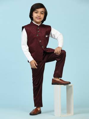 Maroon Embellished Cotton 3 Piece Suit Set for Boys Party,Wedding Outfits 2