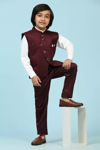 Maroon Embellished Cotton 3 Piece Suit Set for Boys Party,Wedding Outfits