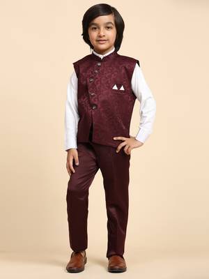 Maroon Embellished Cotton 3 Piece Suit Set for Boys Party,Wedding Outfits 3