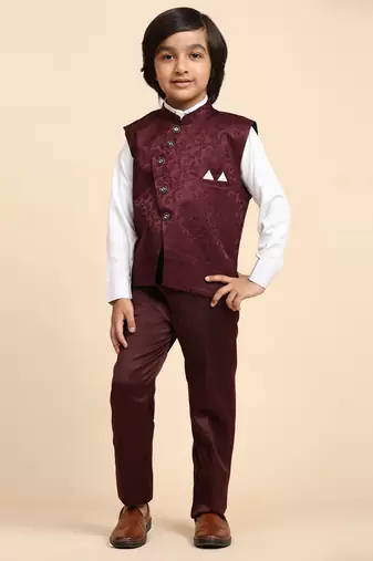 Maroon Embellished Cotton 3 Piece Suit Set for Boys Party,Wedding Outfits