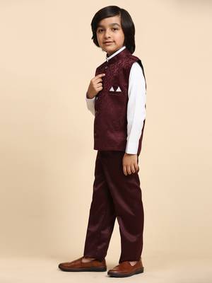 Maroon Embellished Cotton 3 Piece Suit Set for Boys Party,Wedding Outfits 4