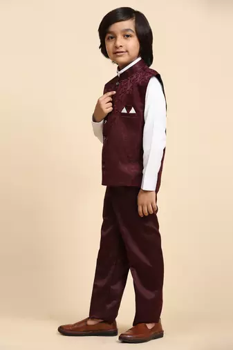 Maroon Embellished Cotton 3 Piece Suit Set for Boys Party,Wedding Outfits