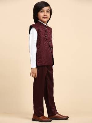 Maroon Embellished Cotton 3 Piece Suit Set for Boys Party,Wedding Outfits 5