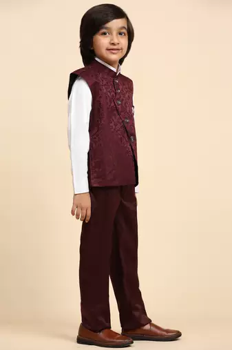 Maroon Embellished Cotton 3 Piece Suit Set for Boys Party,Wedding Outfits