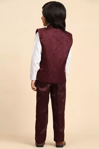 Maroon Embellished Cotton 3 Piece Suit Set for Boys Party,Wedding Outfits