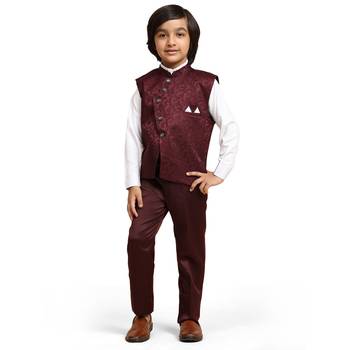 Maroon Embellished Cotton 3 Piece Suit Set for Boys Party,Wedding Outfits 10