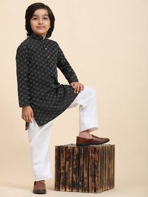 Black Mirror work Cotton Kurta Pajama set for Boys Ethnic Wear 1