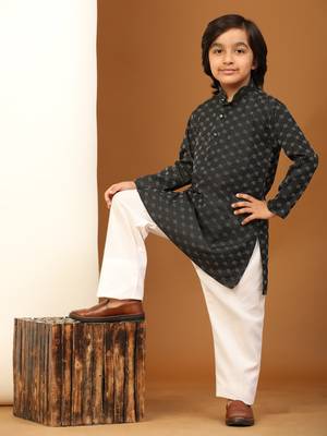 Black Mirror work Cotton Kurta Pajama set for Boys Ethnic Wear 2