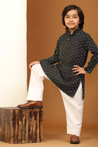 Black Mirror work Cotton Kurta Pajama set for Boys Ethnic Wear