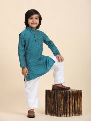 Firozi Mirror work Cotton Kurta Pajama set for Boys Ethnic Wear 1