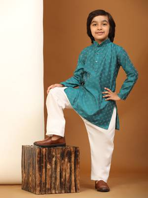 Firozi Mirror work Cotton Kurta Pajama set for Boys Ethnic Wear 2