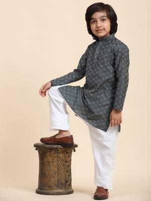 Grey Mirror work Cotton Kurta Pajama set for Boys Ethnic Wear 1
