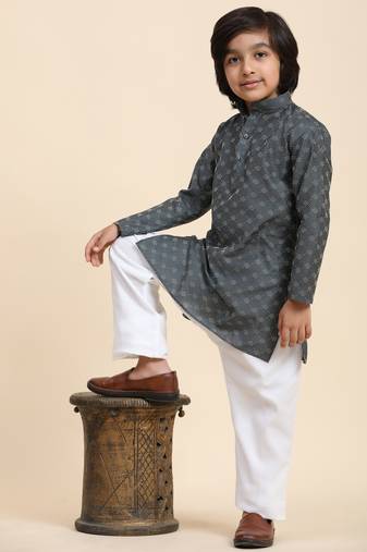 Grey Mirror work Cotton Kurta Pajama set for Boys Ethnic Wear