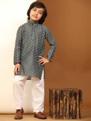 Grey Mirror work Cotton Kurta Pajama set for Boys Ethnic Wear 2