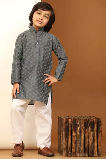 Grey Mirror work Cotton Kurta Pajama set for Boys Ethnic Wear