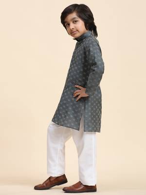 Grey Mirror work Cotton Kurta Pajama set for Boys Ethnic Wear 3