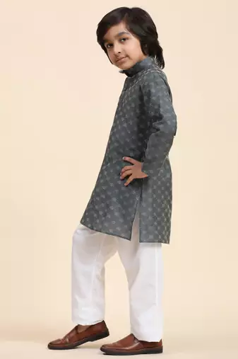 Grey Mirror work Cotton Kurta Pajama set for Boys Ethnic Wear