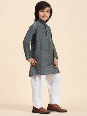 Grey Mirror work Cotton Kurta Pajama set for Boys Ethnic Wear 4