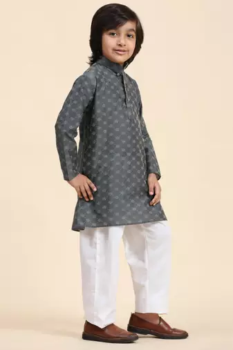 Grey Mirror work Cotton Kurta Pajama set for Boys Ethnic Wear