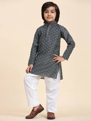 Grey Mirror work Cotton Kurta Pajama set for Boys Ethnic Wear 5