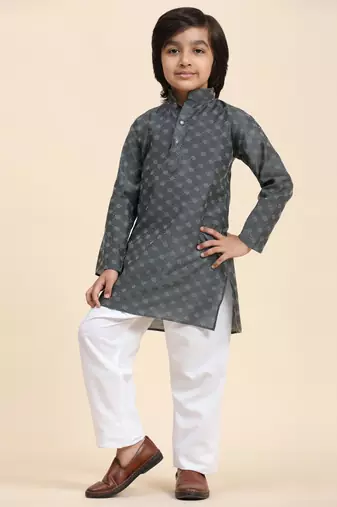 Grey Mirror work Cotton Kurta Pajama set for Boys Ethnic Wear