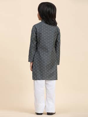 Grey Mirror work Cotton Kurta Pajama set for Boys Ethnic Wear 6