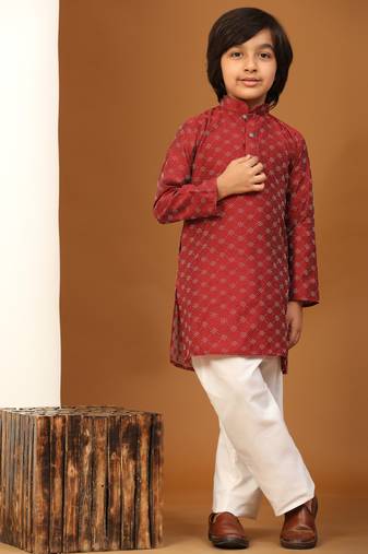 Fawn Mirror work Cotton Kurta Pajama set for Boys Ethnic Wear