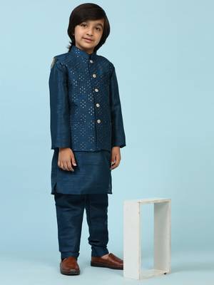 Navy Blue Silk Kurta Pajama Set for Boys Kids Ethnic Wear with Embellished Design 1