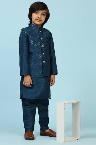 Navy Blue Silk Kurta Pajama Set for Boys Kids Ethnic Wear with Embellished Design