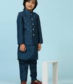 Navy Blue Silk Kurta Pajama Set for Boys Kids Ethnic Wear with Embellished Design