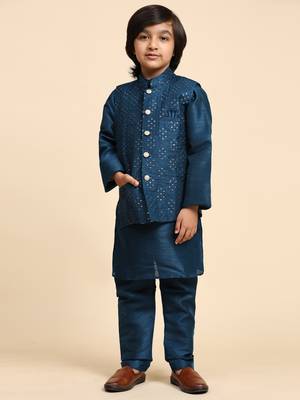 Navy Blue Silk Kurta Pajama Set for Boys Kids Ethnic Wear with Embellished Design 2