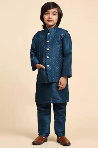 Navy Blue Silk Kurta Pajama Set for Boys Kids Ethnic Wear with Embellished Design