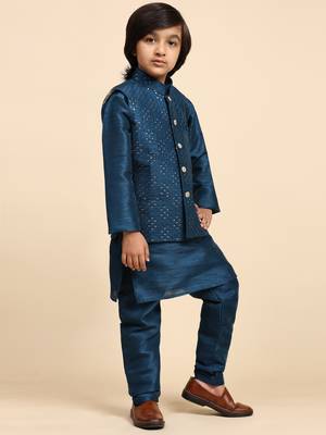 Navy Blue Silk Kurta Pajama Set for Boys Kids Ethnic Wear with Embellished Design 3
