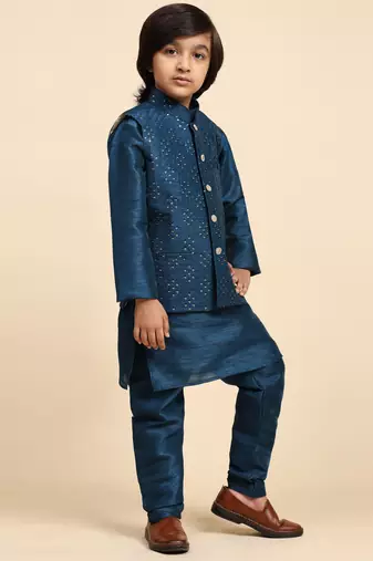 Navy Blue Silk Kurta Pajama Set for Boys Kids Ethnic Wear with Embellished Design