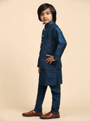 Navy Blue Silk Kurta Pajama Set for Boys Kids Ethnic Wear with Embellished Design 4
