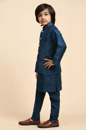 Navy Blue Silk Kurta Pajama Set for Boys Kids Ethnic Wear with Embellished Design