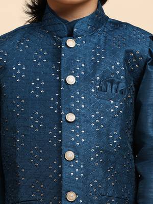 Navy Blue Silk Kurta Pajama Set for Boys Kids Ethnic Wear with Embellished Design 5