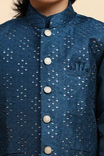 Navy Blue Silk Kurta Pajama Set for Boys Kids Ethnic Wear with Embellished Design
