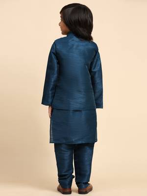 Navy Blue Silk Kurta Pajama Set for Boys Kids Ethnic Wear with Embellished Design 6