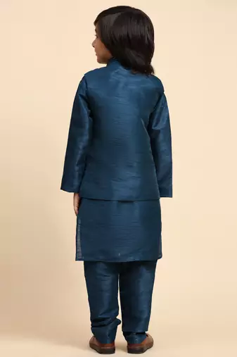 Navy Blue Silk Kurta Pajama Set for Boys Kids Ethnic Wear with Embellished Design