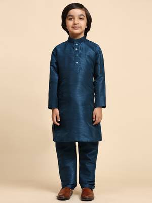 Navy Blue Silk Kurta Pajama Set for Boys Kids Ethnic Wear with Embellished Design 8